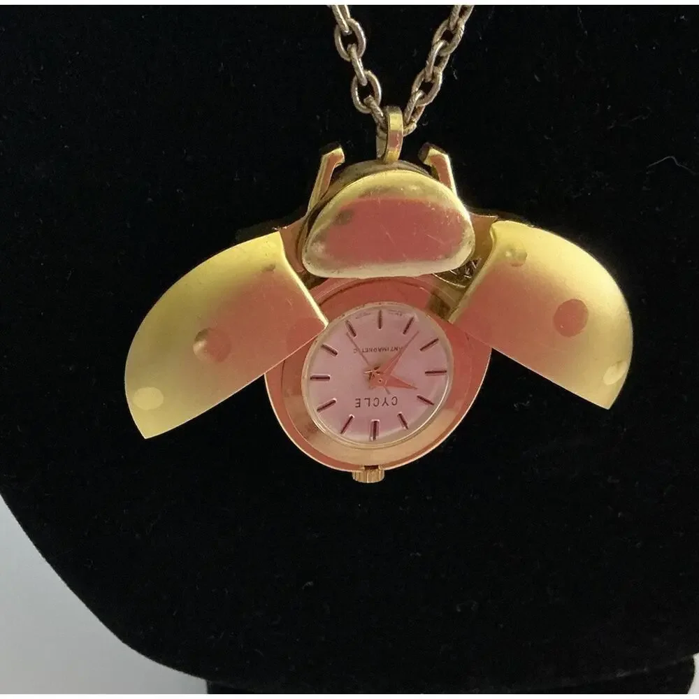 Vintage Cycle Watch Pendant‎ Gold Tone Beetle Gold Tone Chain